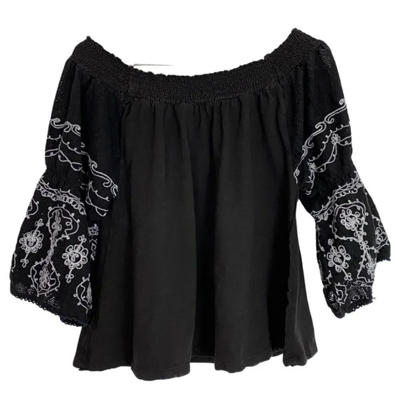 Free People Off Shoulder Embroidered Jersey Blouse Small Lace Bell Half Sleeve - Picture 2 of 11